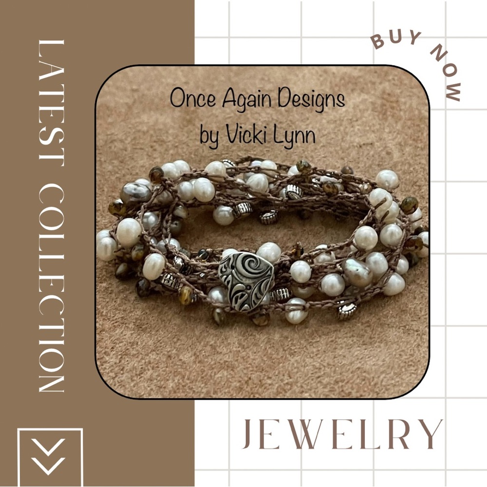 ARTISAN Necklace “Pearl Amor” on Medium Brown Long Crocheted Wrap - Picture 3 of 13